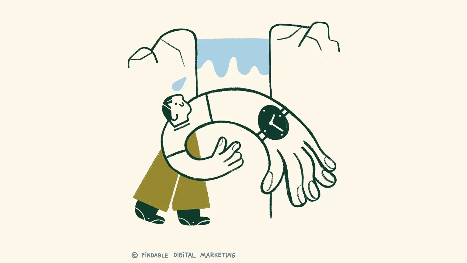 Illustration of person with a watch under a waterfall