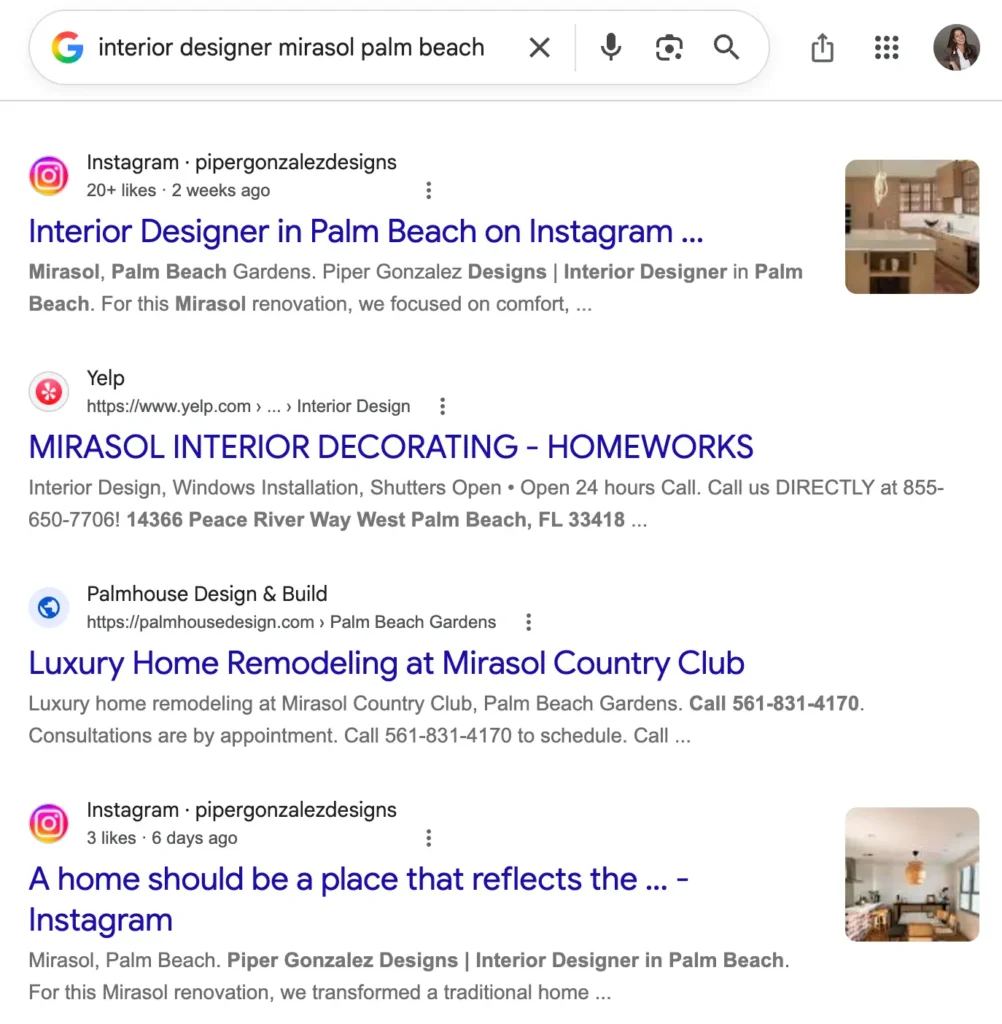 Search & Social Media Are Merging 2 screenshot of serp results for piper gonzalez designs